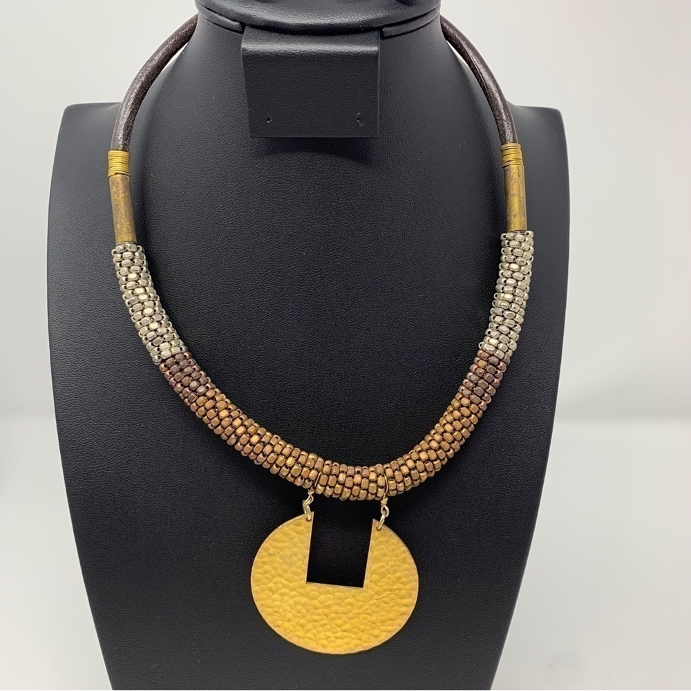 Nakamol Boho Gypsy Gold Beaded Collar Necklace With Gold Toned Medallion